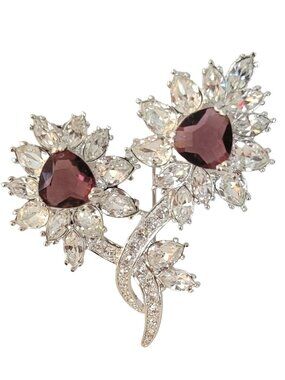 Nolan Miller Silver Tone Clear Purple Trillion Rhinestone Flower Brooch, M1025